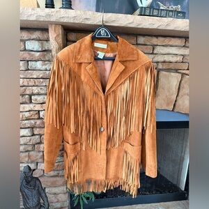 Vintage Suede Fringe Jacket Western Boho Leather Tan Cowgirl Festival Women’s